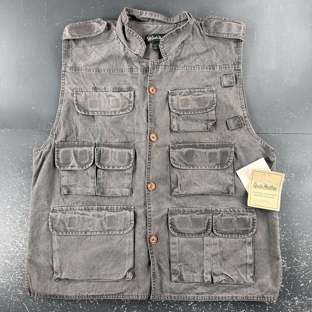 VTG Gander Mountain Denim Vest Mens Large Gray Utility Gorp Hunt Hike Camp NWT